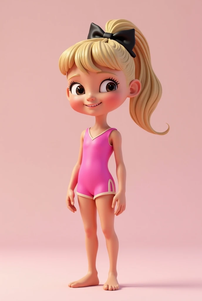 An   girl in a pink gymnastics leotard with shorts (the shorts are important). She has shoulder-length blonde hair tied back in high ponytail with a black bow. She has not hit puberty, so she is not curvy and she does not have boobs. 3D render. Animated. C...