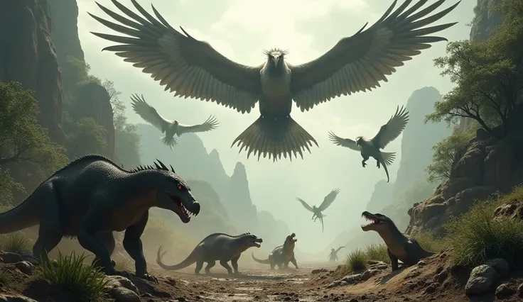 "A dynamic scene with prehistoric ,  predators, from huge birds flying to burrowing creatures emerging from the ground, with an atmosphere of tension, ethereal, LumiNous, hyper-realistic."