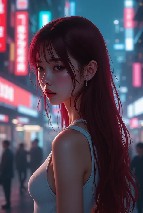 25-year-old Chinese girl ,  straight and long burgundy red hair. Your hair is tucked behind your ear. wearing a white tank top. Cyberpunk urban setting, OUTSKIRTS, night.