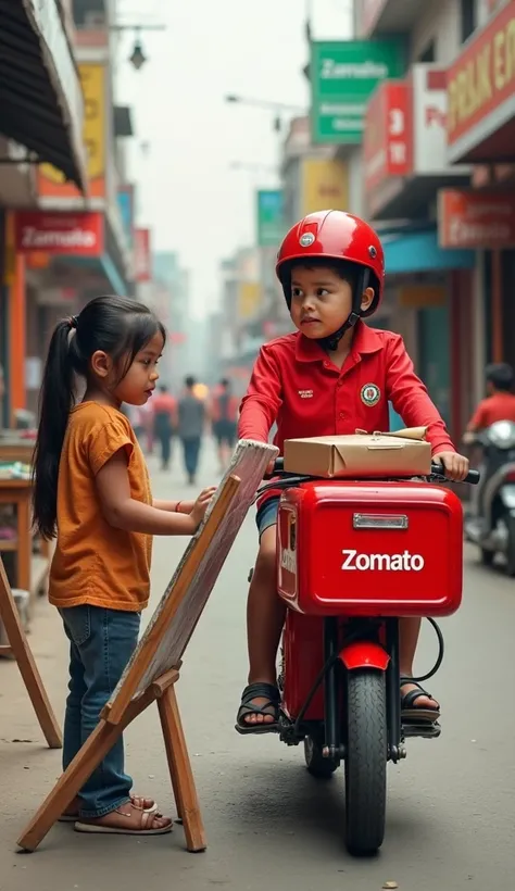 A hyper-realistic 64k HD image of a small boy dressed in a bright red Zomato uniform, sitting confidently on a Zomato-branded delivery bike with "Zomato" written on his shirt. The boy is holding a parcel in one hand, ready for delivery. Nearby, a young gir...