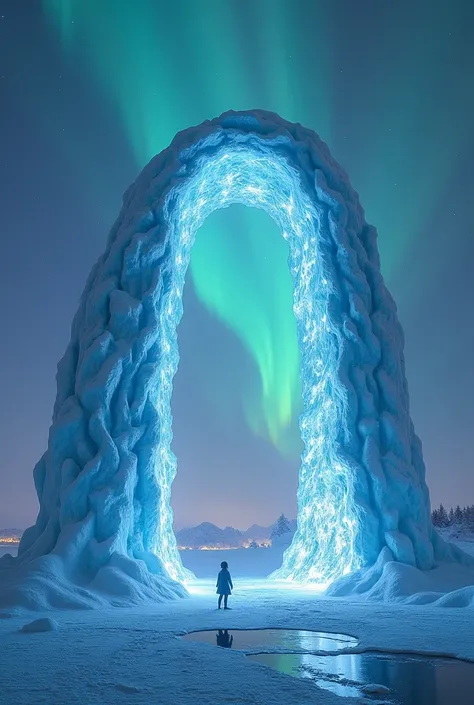 The Aurora Gateway
A massive, arch-shaped sculpture made from frozen light, resembling the Aurora Borealis. The arch’s surface shimmers with shifting colors, and inside the gateway, scenes from various realities—futuristic cities, ancient temples, and unto...