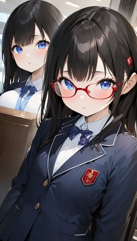 NSFW uncensored partial ban super high image quality, one girl, school blazer, uniform, chairman, purplish black hair, long hair, blue eyes, beautiful baby face, red slender square glasses, 30 denier black tights, shiny skin, low angle full body picture