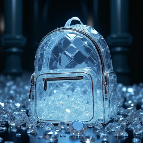 .  Diamond Backpack

Transparent backpack in the shape of a large shiny diamond. Bottom of a vault full of diamonds 