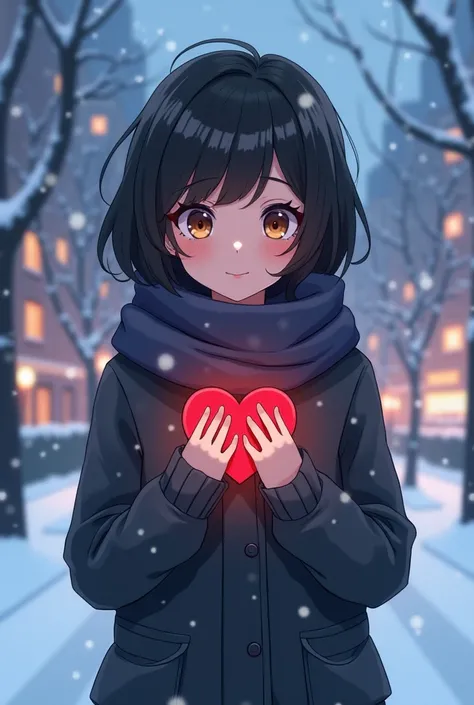 CrCreate a girl ( Black haired with semi bangs, her hair level is on her chest not too long) ( brown eyes, slim face ) in winter clothes and is holding her chest ( two hands) ( like feeling her heart beat) must be in a winter modern city.And the winter clo...