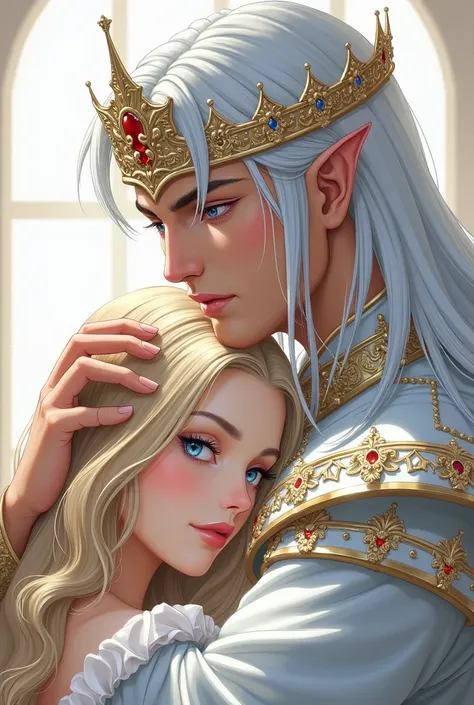 Beautiful рисунок, The luxurious snow-white palace , High, Beautiful, stately, courageous, sports,  attractive,  an adult man with long straight white hair below his shoulders , long bangs, tanned skin, with blue eyes,  hidden in royal attire ,  puts on be...