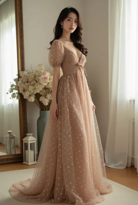 "A beautiful Korean woman wearing an elegant floor-length brown polka-dot gown with puffed short sleeves and a fitted bodice, featuring a delicate bow at the waist. She is gracefully posing in a softly lit room with minimalist decor, including a large mirr...