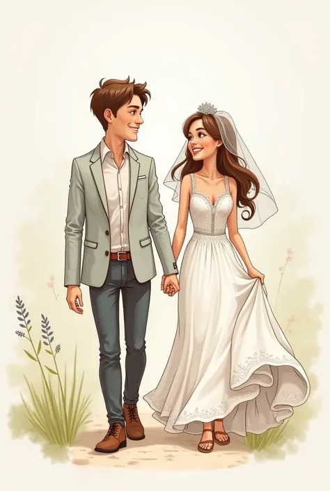 A couple wearing A wedding dress walking behind with sketch style