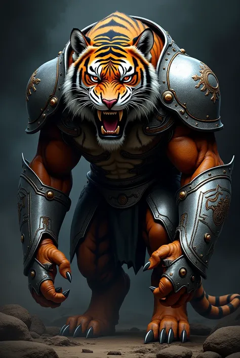  underneath Create a logo of a ferocious tiger with steel armor 