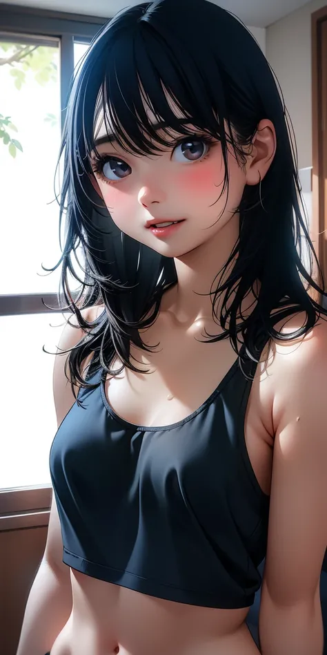 Realistic,  one girl who is at ease, Beauty,  small breasts, young, , half body,  black hair short ,  growing skin that does not depict the nasal cavity,Laugh and be shy ,  asymmetrical bang , In the bedroom,  has long eyelashes,  Round Eyes,  smiles light...