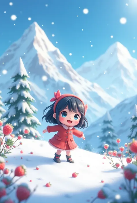 Hello Katie is in the snow mountains and they are playing Strawberry Anime 