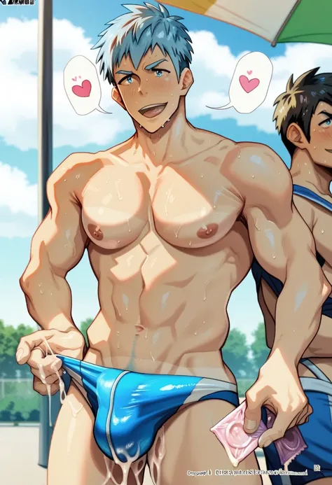 1boy, male focus, bara, muscle, muscular, large pectorals, bara tiddies, thick, beefy, wide,Big nipples, Nipples that have been played with a lot and turned into erogenous zones, short hair, light blue hair, cocky smile, Shirtless, dark blue speedo1:2, det...