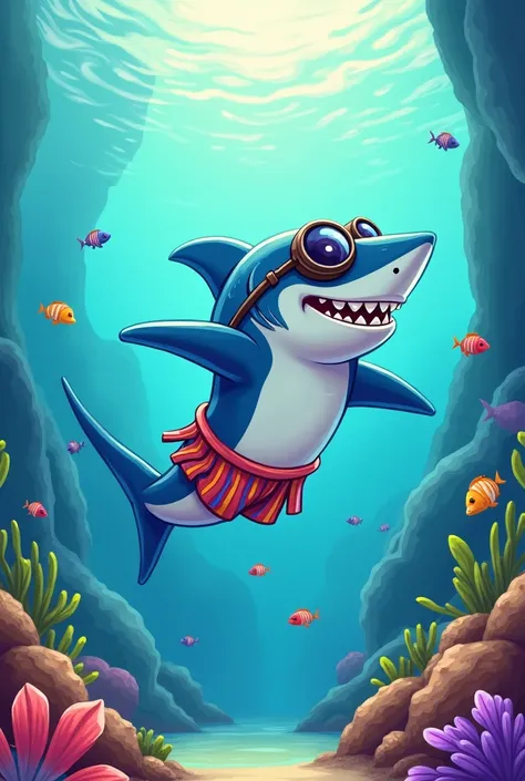 Cartoon shark wearing goggles and flashy swim trunks swimming