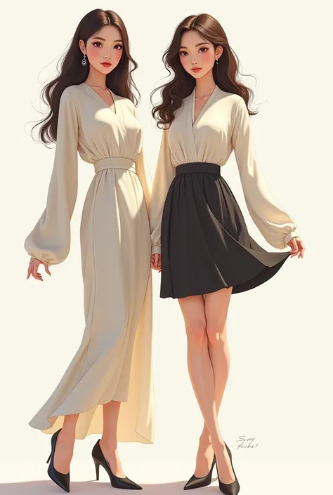 In the image created above, wear clothes with longer sleeves and shorter skirts, and change the appearance of the women above to look a little more modern Korean