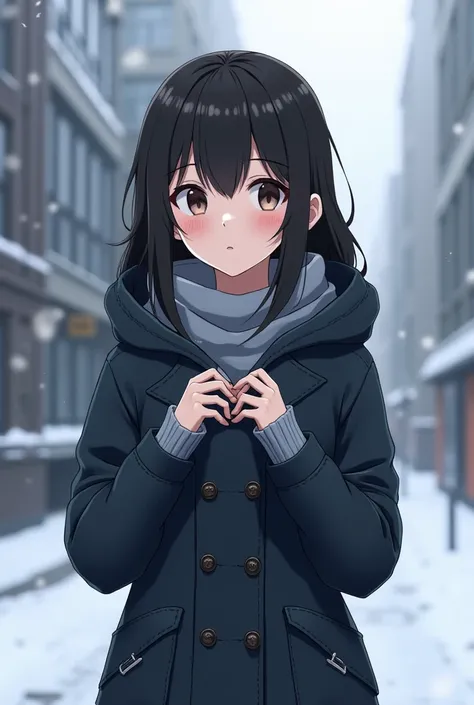 CrCreate a girl ( Black haired with semi bangs, her hair level is on her chest not too long) ( brown eyes, slim face ) in winter clothes and is holding her chest ( two hands)  must be in a winter modern city.And the winter clothes should also be modern ( e...