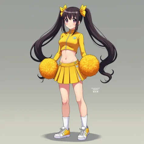 whole body,A cute 20 year old Japanese woman with a spat butt , and a skirt that flips up,cute,Idol,Idol, Portrait,Model,Long Hair, twin tails, small breasts,Gloss,YELLOW UNDERSPATS ,( small ass ), YELLOW CHEERLEADING UNIFORMS, white knee-high socks ,( Vid...