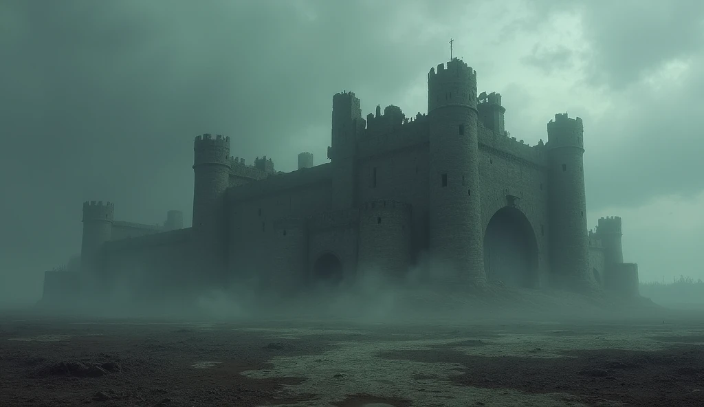 "An ancient ruined fort with eerie vibes, surrounded by a dark and desolate landscape under a cloudy, overcast sky. Shadows seem to whisper around the crumbling walls, evoking a sense of death and mystery."
