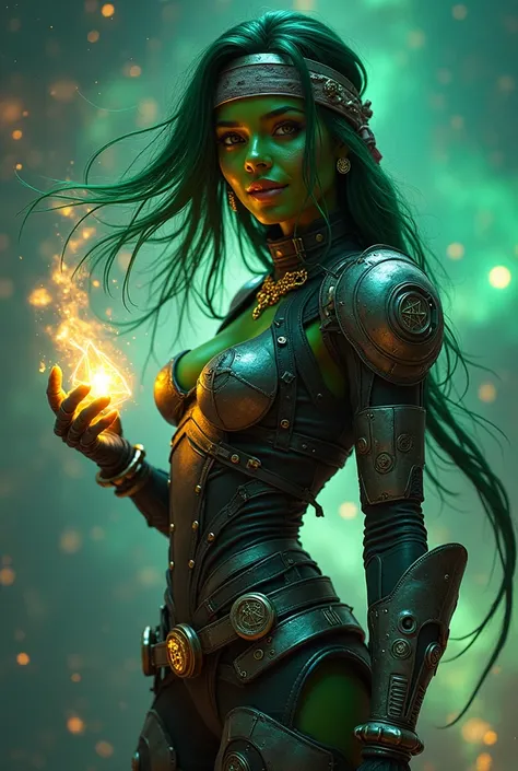 A  very beautiful space pirate girl, dark green skin tone texture, Spanish  facial features, very colorfull fashionable long hair styles, wearing a cyberpunk armor cyber technology, ilumminating treasure grade illuminating color armor designs, casting a le...