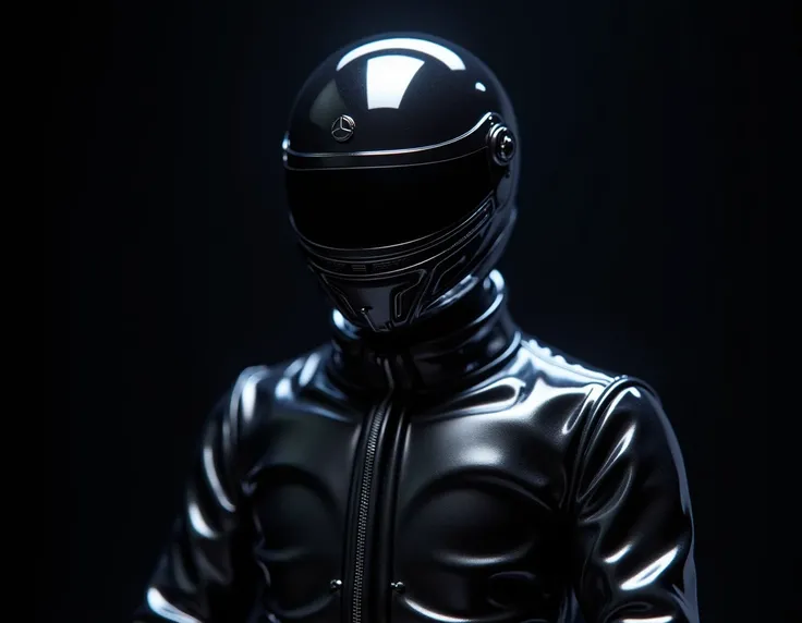 A futuristic F1 driver figure with a shiny, metallic finish. The head is covered by a sleek, mysterious helmet that does not reveal his face. The background is deep black, highlighting the figure and the bright reflections. The lighting is dramatic, with s...