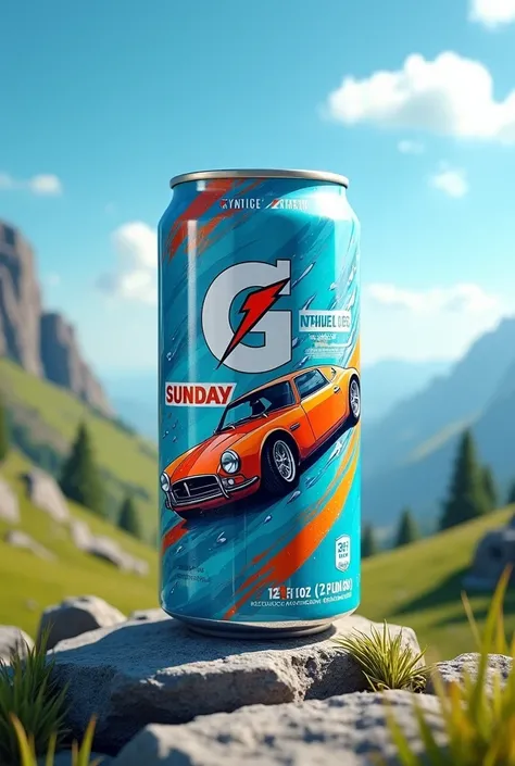 Im going to create a Energy drink can label design my brand name is " SUNDAY ROAD " and subtitles is " liquid gravity engimia". This is 12 FL oz can, there should be added light blue gradient and car in different eyecating color running around valley in my...