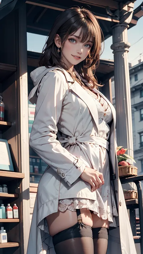 pharmacist、 wearing a lace dress and white coat、 wearing a micro mini skirt 、 wearing black stockings on an outdoor stage、薬局で、 smiling 24-year-old white woman at the pharmacy 、 sexy、 sexy proportions