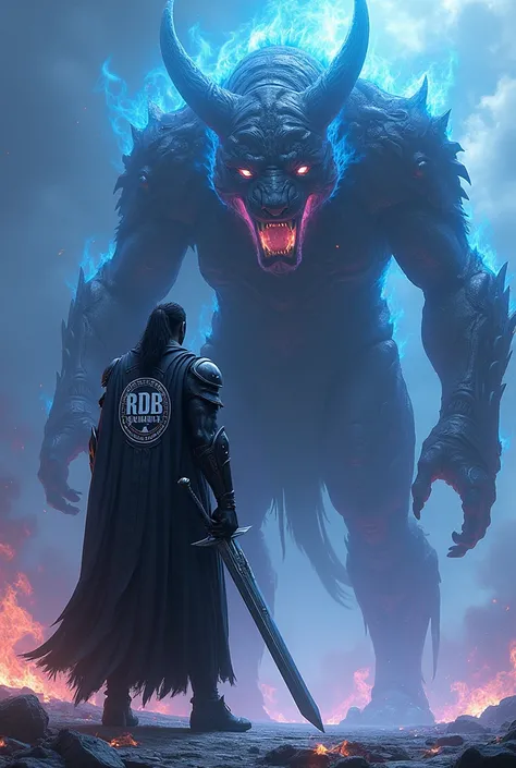  Gigantic black man in black armor from the future ,  black hair ,  wearing a ripier with the acronym Rda Reis Br behind silver color , Carrying a gigantic silver sword , standing, in front of a giant creature walking on its feet, Shaped like a white tiger...