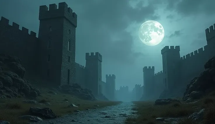 "A collection of ancient forts from around the world, depicted as haunting and mysterious, each with a dark history. The scene is illuminated by a pale moonlight."
