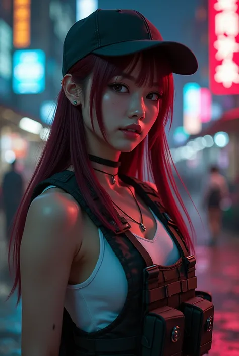 realism. 20-year-old Chinese girl ,  straight and long burgundy red hair. your hair is tucked behind your .  ear wearing a tactical vest over a white tank top, cap turned backwards. Cyberpunk urban setting, OUTSKIRTS, night.