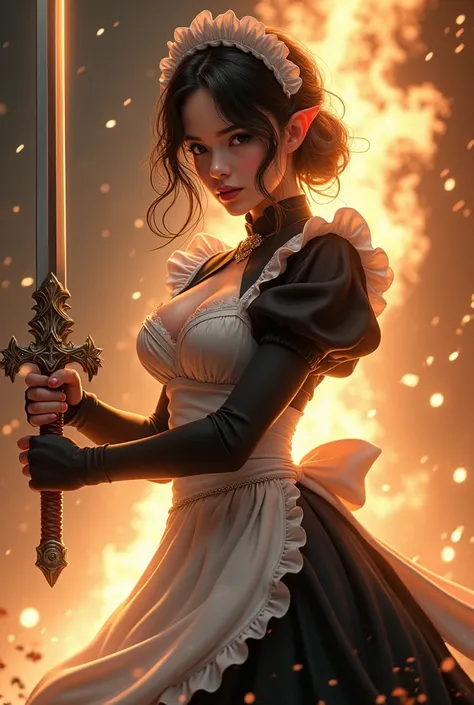 ((detailed)), ((Realism)), ((Fantasy)) , A beutiful and hot girl wearing a sexy maid uniform, holding a long sword, have a power of a Light magic, she has a killing intention looks and have a powerful light aura on his body, shes loyal and overprotective m...