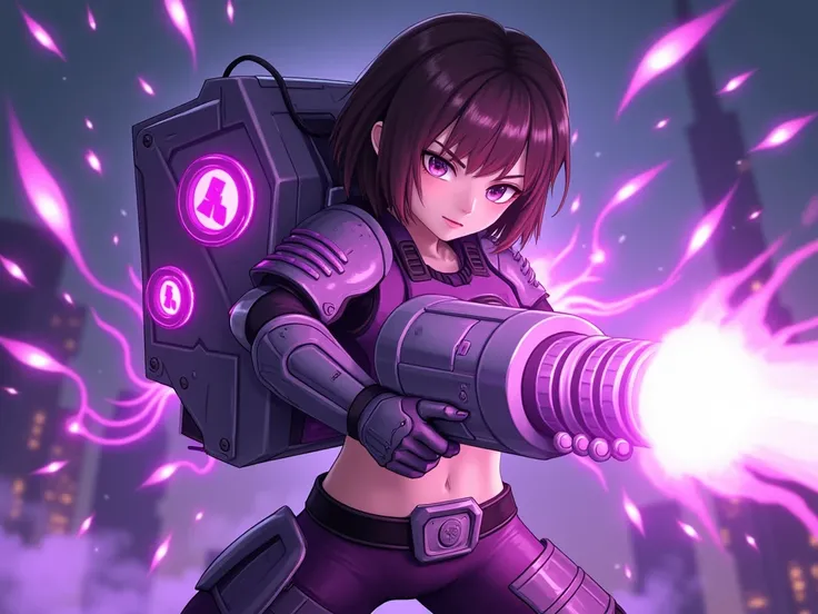 "A realistic anime-style fan art of the Tower Accelerator character from the Roblox game Tower Defense Simulator, reimagined as a cute and fierce anime girl. She is holding a slightly smaller cylindrical energy weapon with both hands, actively firing a pow...