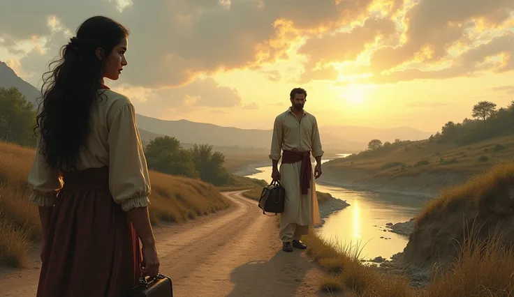 Arif stands on a dirt road, holding a leather bag, looking back at Zahra one last time. Zahra is by the riverbank, her expression a mix of hope and sadness. The cloudy sky and fading sunlight emphasize the bittersweet mood of parting.
