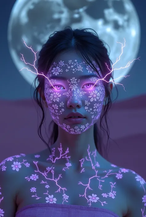 Minimalism,     monochrome     ,          photorealism         ,      on a woman bioluminescent floral pattern, lightning instead of eyes   , Background of the Moon ,  purple plaid dunes  ,     silver wood 