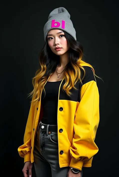 Fast
Full body pull size image of a beautiful Thai girl wearing a stylish yellow-black jacket with buttons and a gray beanie hat with the pink name "BL". The long wavy hair transitions from black to yellow, creating a striking gradient effect. A watch is v...