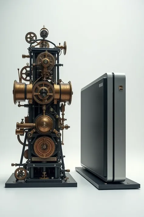 "A side-by-side comparison of Charles Babbage’s Analytical Engine and a modern-day laptop or desktop computer. The left side shows the intricate gears and mechanical parts of the Analytical Engine, while the right side shows the sleek, advanced digital com...