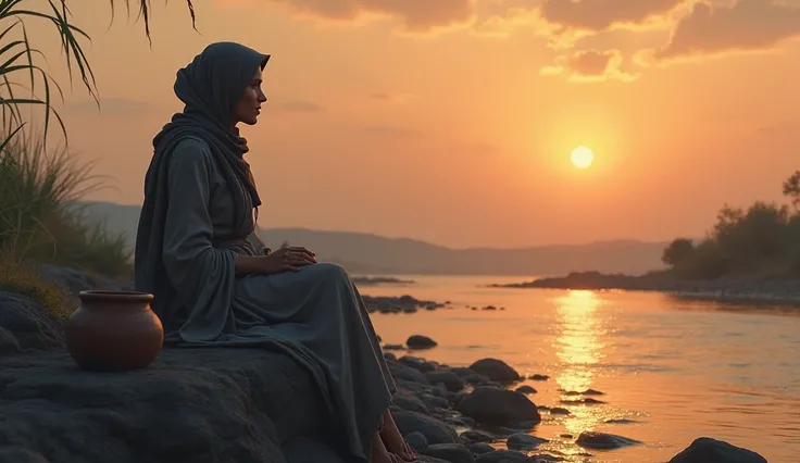 Zahra sits alone on a rock near the riverbank during twilight. Her gaze is fixed on the horizon, and her clay pot rests beside her, empty. The flowing river and the faint glow of the setting sun convey her longing and patience.
