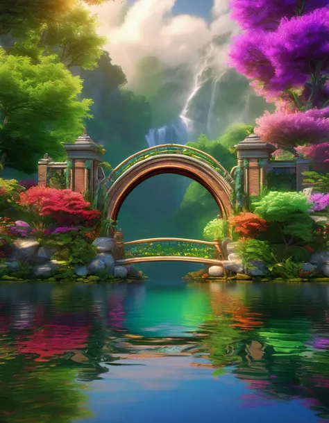 a beautiful rainbow bridge over a serene lake, (best quality,4k,8k,highres,masterpiece:1.2),ultra-detailed,(realistic,photorealistic,photo-realistic:1.37),stunning landscape,dramatic lighting,vibrant colors,reflection on water,detailed foliage,lush greener...