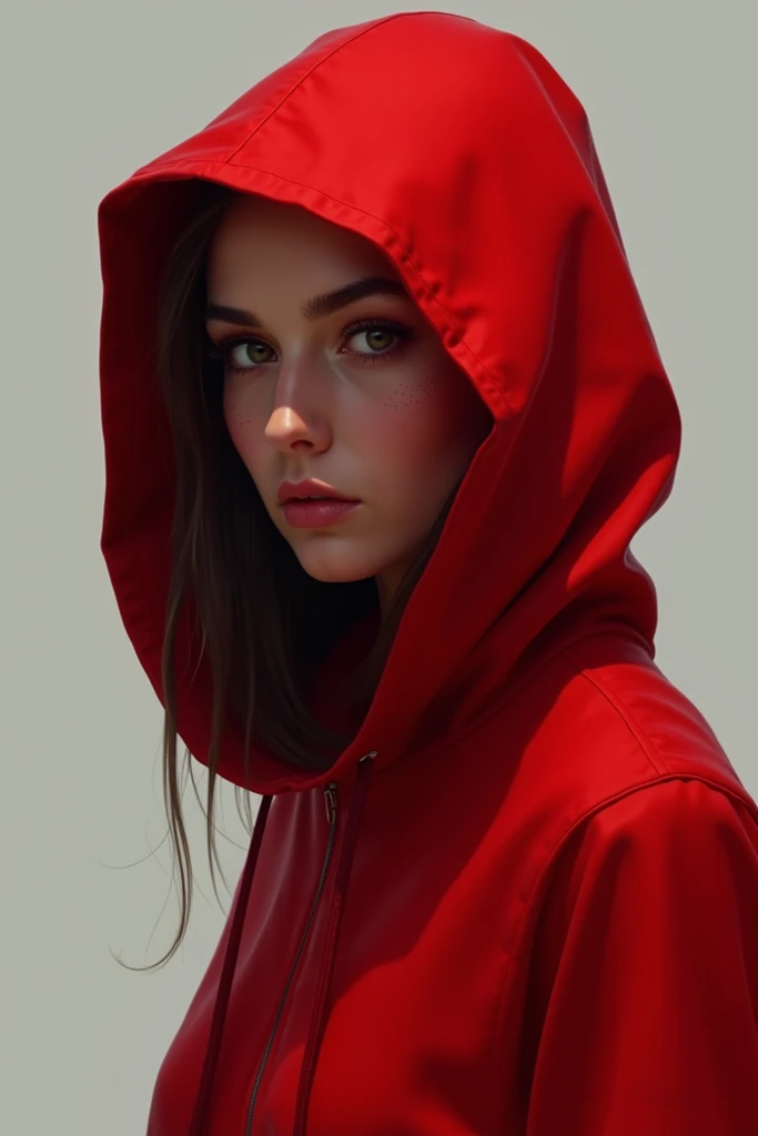 A woman with red hoodie ai image with names miss Ain 