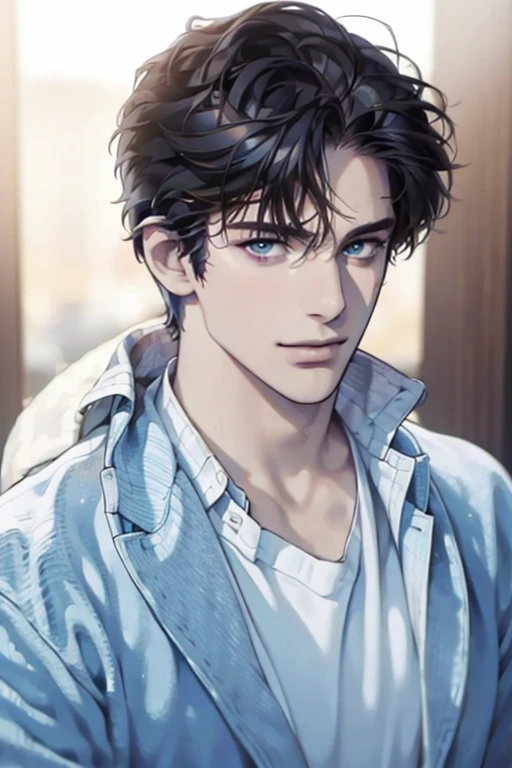 a handsome 35 year old man, 3 day beard, dark hair, sharp jawline, mesmerizing blue eyes, perfectly styled hair, wearing cool anime outfit, confident expression, vibrant colors, dynamic lighting, CEO, expression, smile in love, (best quality,4k,8k,highres,...