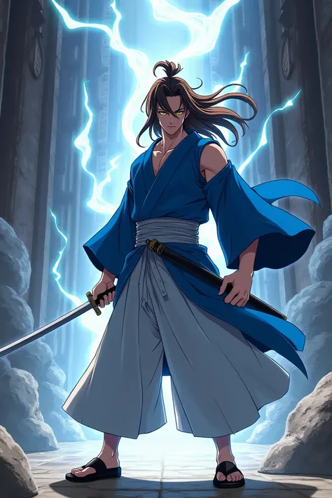  Samurai man from the Japanese feudal era .  Man wearing a kendo kimono blue jacket is missing a sleeve, light gray band ,  white pants ,   black shoes,  long dark brown hair ,  yellow eyes,  is his hand he wears a katana possessed ,  in the background the...