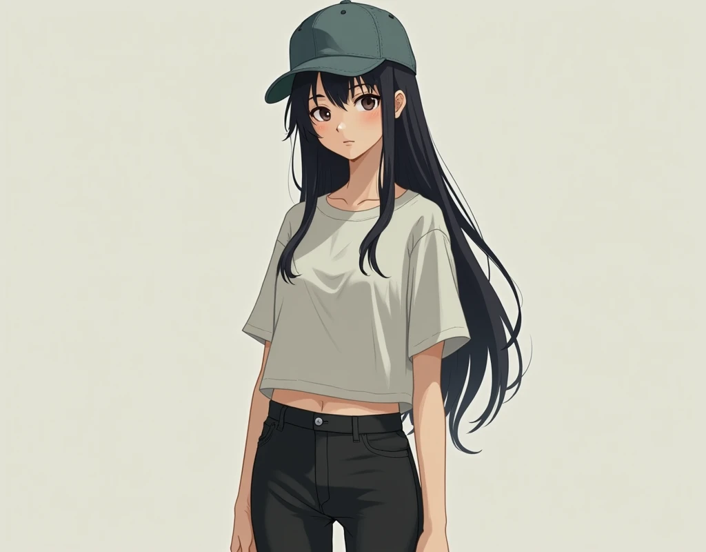 Anime girl,  of slim build ,  black hair down to men , Traits of Indochina , pale skin,  dressed in overzise shirt and tight black leggings with baseball cap 