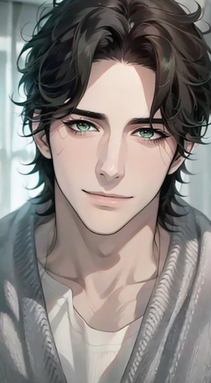 (Highest quality,4K,8K,High resolution,masterpiece:1.2),Super detailed,(Realistic,photoRealistic,photo-Realistic:1.37),1 person,34 years old,Mature Men,Beautiful skin、very handsome,Expressionless smile in love,Short gray Black hair,green eyes,Sharp Eyes,A ...