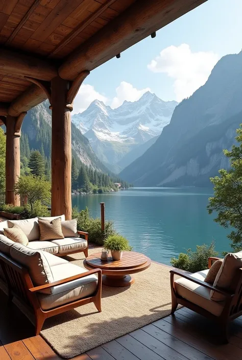 Create a beautiful veranda, living room, with a great view of the mountains and lake.