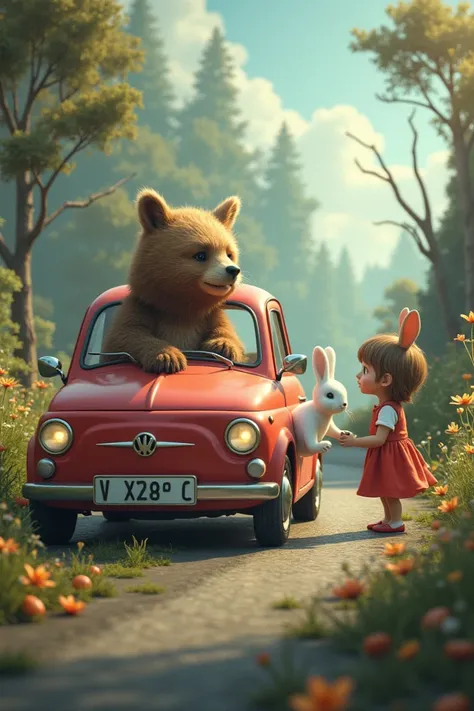 on the road, a bear poked his head out of the car and told a white rabbit and a girl to teach a brown rabbit