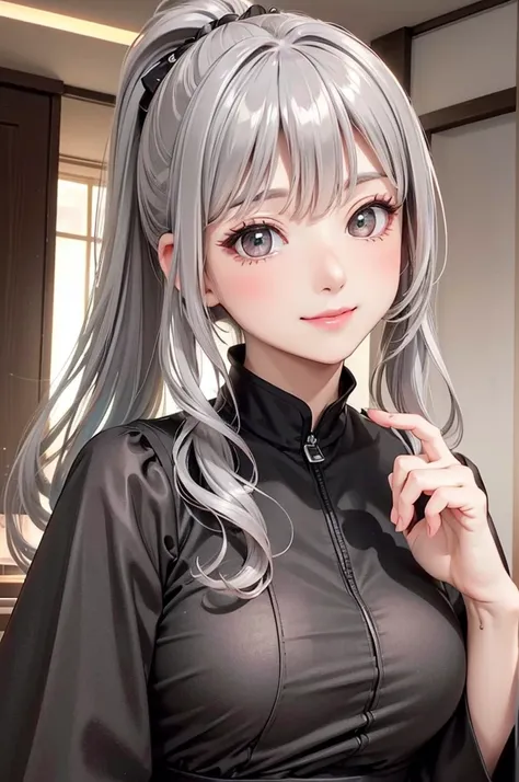 ( Best Quality, high definition ,8k,inelity detailed background, Masterpiece:1.2), pretty girl,( glossy romance gray hair:1.3),(long hair:1.2) ,long hair, ponytail, Beautiful grey eyes,Black Chinese dress,Gentle look,A refreshing look,Best quality, Best Qu...