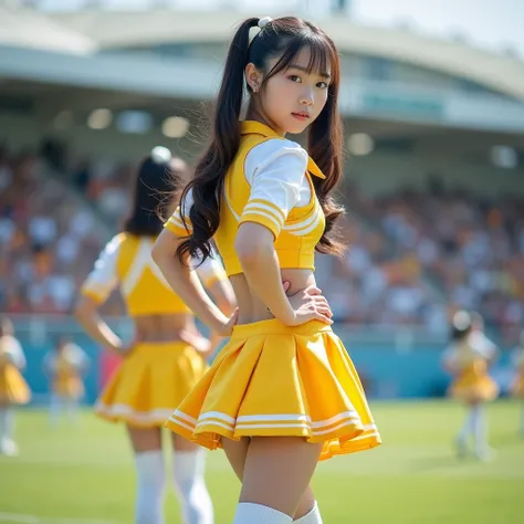 whole body,Spats eat into the butt, super low angle,trembling buttocks, skirt flips up, 20 year old Japanese woman ,cute,Idol,Idol, Portrait,Model,Long Hair, twin tails, small breasts,Gloss,YELLOW UNDERSPATS ,( small ass ), YELLOW CHEERLEADING UNIFORMS, wh...