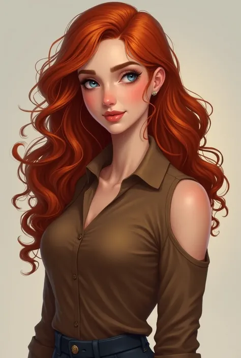 Create me a character in a realistic art style. She is a beautiful 20 year old woman. She has long red curly hair. She has blue eyes and her skin is pale. She is wearing a brown cold shoulder shirt. She is bold, kind, and loyal. Her name is Adda.