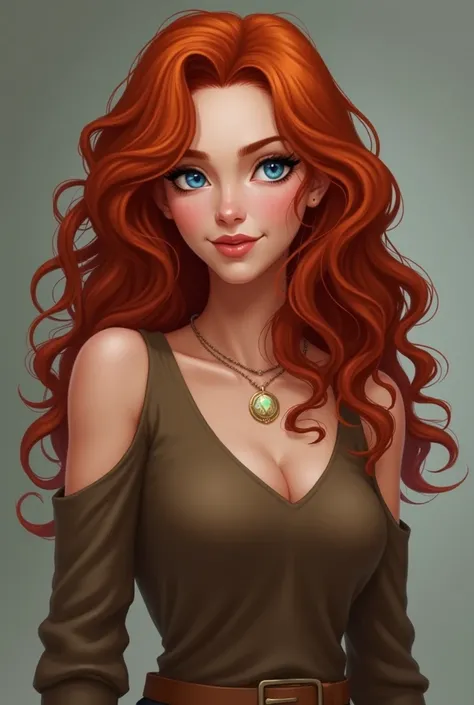 Create me a character in a realistic art style. She is a beautiful 20 year old woman. She has long red curly hair. She has blue eyes and her skin is pale. She is wearing a brown cold shoulder shirt. She is bold, kind, and loyal. Her name is Adda.