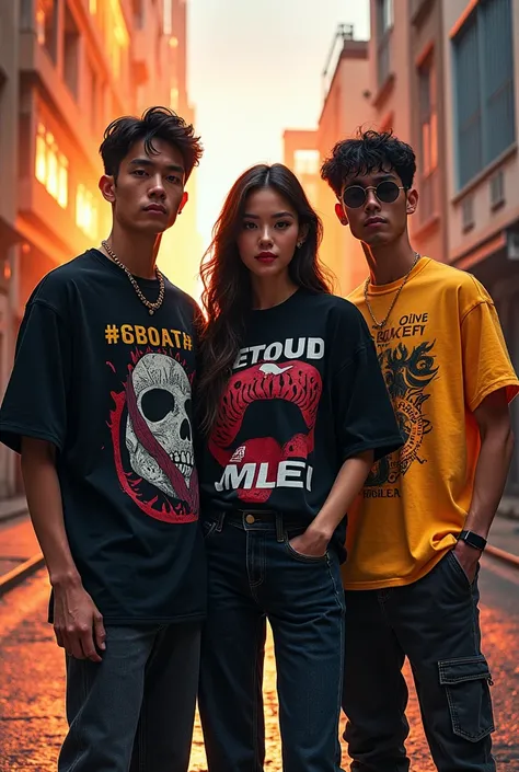  Create a bainner for a Shopee store with a realistic unisex streetwear style.  My store has strong and courageous traits , The name is Izadora Ferrari style 
Model with printed Oversized t-shirt
Now make a banner with 2 male models and 1 female model and ...