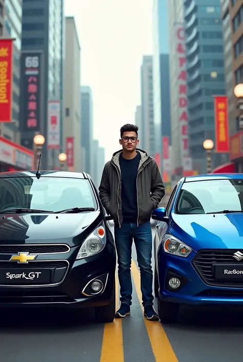 Black Chevrolet Spark GT car with a blue Suzuki Gixxer motorcycle and a young man with day glasses in the city 