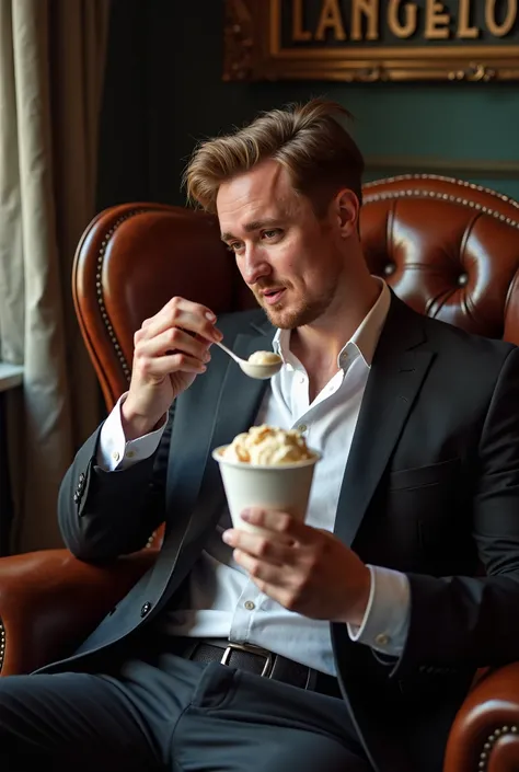  Professional photo shoot of a guy in a classic suit like for a magazine,  a white shirt ,   light brown hair, Dark trousers,  The guy is sitting in a beautiful leather chair , behind him is a very stylish interior ,  the background is darkened to contrast...