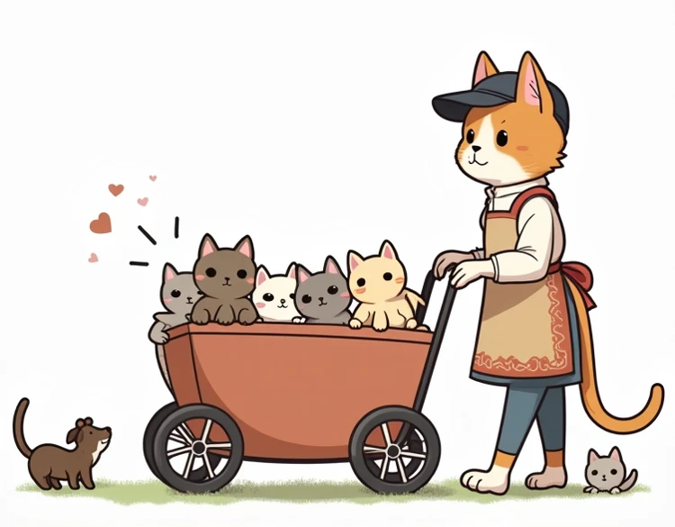  the stroller in the picture is the same and there are lots of cute kittens inside １The dog is waving １ the animal is leaning back １ the animals are long live
The one that pushes the stroller is a mother cat apron
Im wearing a cap hat